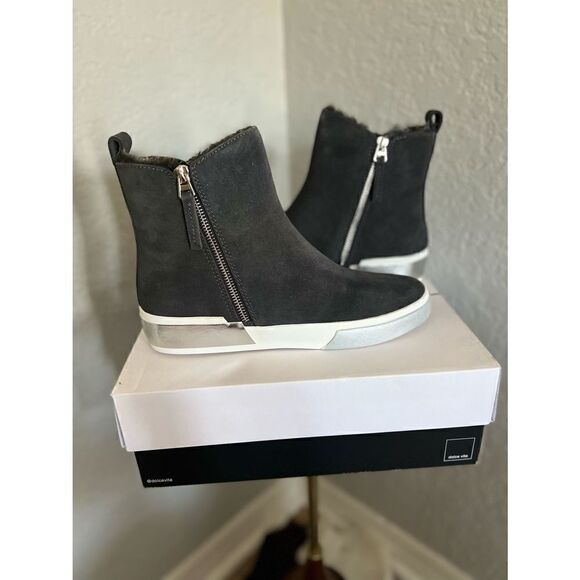 DOLCE VITA Faux Shearling Sneaker Wedge Bootie,  Black Leather, Size 8 1/2, NWT - Picture 15 of 15